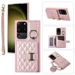 For Samsung Galaxy S20 Ultra Horizontal Card Bag Ring Holder Phone Case with Dual Lanyard(Rose Gold)