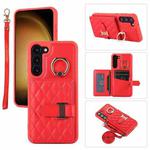 For Samsung Galaxy S21 5G Horizontal Card Bag Ring Holder Phone Case with Dual Lanyard(Red)