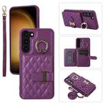 For Samsung Galaxy S21+ 5G Horizontal Card Bag Ring Holder Phone Case with Dual Lanyard(Dark Purple)