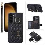For Samsung Galaxy S22 5G Horizontal Card Bag Ring Holder Phone Case with Dual Lanyard(Black)