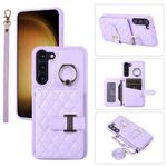 For Samsung Galaxy S22 5G Horizontal Card Bag Ring Holder Phone Case with Dual Lanyard(Purple)