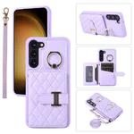 For Samsung Galaxy S23 5G Horizontal Card Bag Ring Holder Phone Case with Dual Lanyard(Purple)