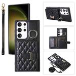 For Samsung Galaxy S23 Ultra 5G Horizontal Card Bag Ring Holder Phone Case with Dual Lanyard(Black)