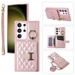 For Samsung Galaxy S23 Ultra 5G Horizontal Card Bag Ring Holder Phone Case with Dual Lanyard(Rose Gold)