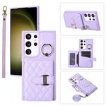 For Samsung Galaxy S23 Ultra 5G Horizontal Card Bag Ring Holder Phone Case with Dual Lanyard(Purple)