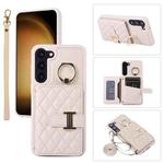 For Samsung Galaxy S23+ 5G Horizontal Card Bag Ring Holder Phone Case with Dual Lanyard(Beige)