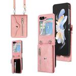 For Samsung Galaxy Z Flip5 Zipper RFID Card Slots Phone Case with Lanyard(Rose Gold)