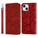 For iPhone 15 Plus Life Tree Embossing Pattern Leather Phone Case(Red)