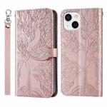 For iPhone 15 Plus Life Tree Embossing Pattern Leather Phone Case(Rose Gold)