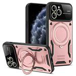 For iPhone 11 Pro Max Large Window MagSafe Holder Phone Case(Rose Gold)