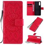 For Sony Xperia 10 II Embossed Sunflower Pattern Horizontal Flip PU Leather Case with Holder & Card Slots & Wallet & Lanyard(Red)