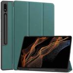 For Samsung Galaxy Tab S10 Ultra / S9 Ultra 3-Fold Pure Color TPU Smart Leather Tablet Case with Pen Slot(Dark Green)