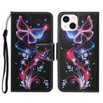 For iPhone 15 3D Colored Drawing Flip Leather Phone Case(Fluorescent Butterfly)