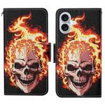 For iPhone 16 3D Colored Drawing Flip Leather Phone Case(Flame Skull)