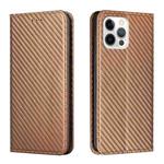 For iPhone 15 Pro Max Carbon Fiber Texture Flip Holder Leather Phone Case(Brown)