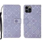For iPhone 15 Pro Max Ethnic Style Embossed Pattern Leather Phone Case(Purple)