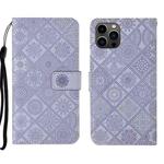 For iPhone 15 Pro Ethnic Style Embossed Pattern Leather Phone Case(Purple)