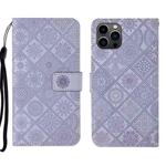 For iPhone 16 Pro Ethnic Style Embossed Pattern Leather Phone Case(Purple)