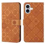 For iPhone 16 Plus Ethnic Style Embossed Pattern Leather Phone Case(Brown)