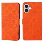 For iPhone 16 Plus Ethnic Style Embossed Pattern Leather Phone Case(Orange)