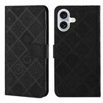 For iPhone 16 Plus Ethnic Style Embossed Pattern Leather Phone Case(Black)