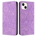 For iPhone 15 Plus Ethnic Embossed Adsorption Leather Phone Case(Purple)