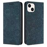 For iPhone 15 Plus Ethnic Embossed Adsorption Leather Phone Case(Blue)