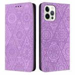 For iPhone 16 Pro Max Ethnic Embossed Adsorption Leather Phone Case(Purple)