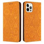 For iPhone 16 Pro Ethnic Embossed Adsorption Leather Phone Case(Yellow)