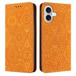 For iPhone 16 Plus Ethnic Embossed Adsorption Leather Phone Case(Yellow)