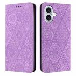 For iPhone 16 Plus Ethnic Embossed Adsorption Leather Phone Case(Purple)