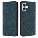 For iPhone 16 Plus Ethnic Embossed Adsorption Leather Phone Case(Blue)