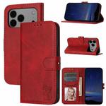 For iPhone 17 Pro Max Embossed Happy Cat Pattern Flip Leather Phone Case(Red)