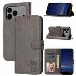 For iPhone 17 Pro Max Embossed Happy Cat Pattern Flip Leather Phone Case(Grey)