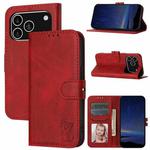 For iPhone 17 Pro Embossed Happy Cat Pattern Flip Leather Phone Case(Red)