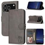 For iPhone 17 Pro Embossed Happy Cat Pattern Flip Leather Phone Case(Grey)