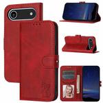 For iPhone 17 Air Embossed Happy Cat Pattern Flip Leather Phone Case(Red)