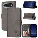 For iPhone 17 Air Embossed Happy Cat Pattern Flip Leather Phone Case(Grey)