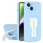 For iPhone 15 Plus Strap Holder Shockproof Protective Phone Case with Lens Film(Blue + White)