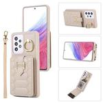 For Samsung Galaxy A52 Vertical Card Bag Ring Holder Phone Case with Dual Lanyard(Beige)