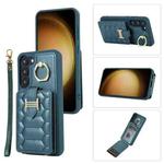 For Samsung Galaxy S21 5G Vertical Card Bag Ring Holder Phone Case with Dual Lanyard(Dark Green)
