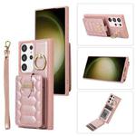 For Samsung Galaxy S23 Ultra 5G Vertical Card Bag Ring Holder Phone Case with Dual Lanyard(Rose Gold)