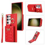 For Samsung Galaxy S23 Ultra 5G Vertical Card Bag Ring Holder Phone Case with Dual Lanyard(Red)