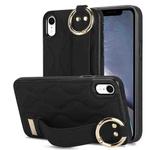 For iPhone XR Non-slip Full Coverage Ring PU Phone Case with Wristband(Black)