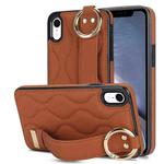 For iPhone XR Non-slip Full Coverage Ring PU Phone Case with Wristband(Brown)