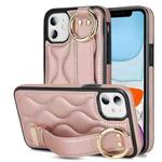 For iPhone 11 Non-slip Full Coverage Ring PU Phone Case with Wristband(Rose Gold)