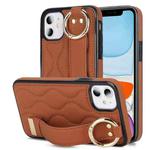 For iPhone 11 Non-slip Full Coverage Ring PU Phone Case with Wristband(Brown)