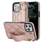 For iPhone 12 Pro / 12  Non-slip Full Coverage Ring PU Phone Case with Wristband(Rose Gold)