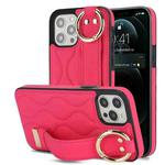 For iPhone 12 Pro / 12 Non-slip Full Coverage Ring PU Phone Case with Wristband(Rose Red)