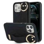 For iPhone 12 Pro Max Non-slip Full Coverage Ring PU Phone Case with Wristband(Black)